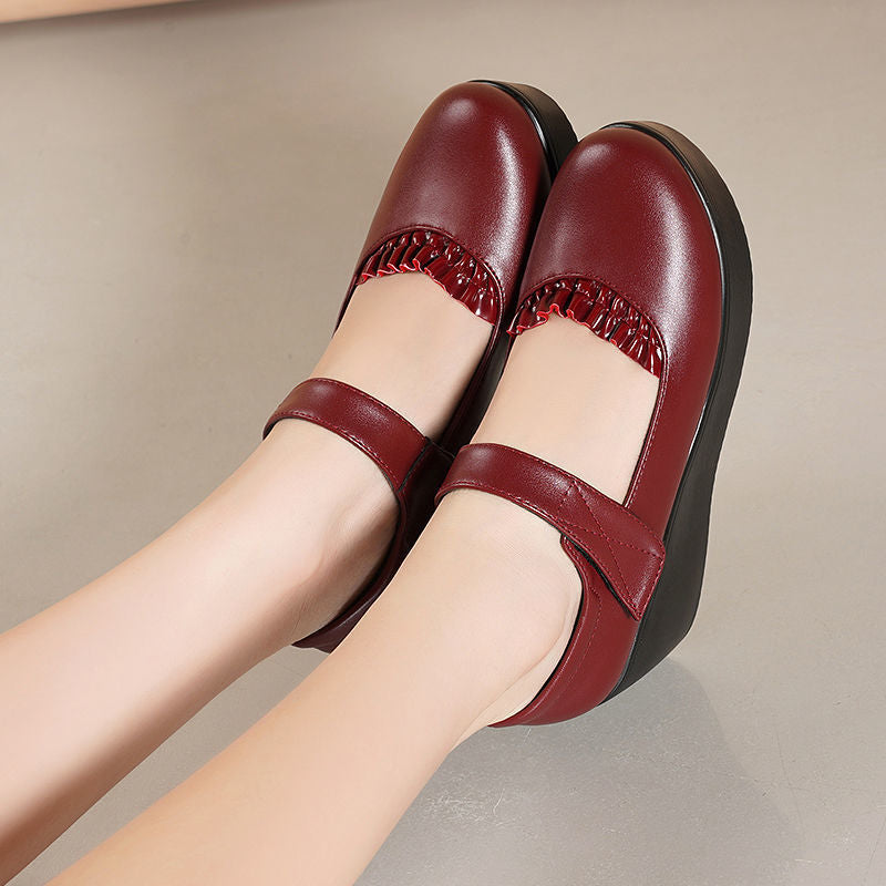 【35-40】Pantofi noi din piele naturală, cu talpă groasă, Velcro, cu vârf rotund