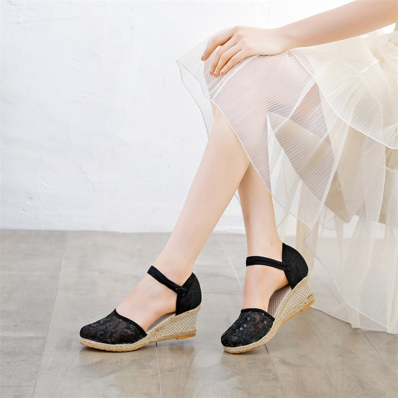 👡【Ofertă limitată】🔥🔥【35-42】Sandale cu pană de vară de damă cu dantelă și plasă, la modă și respirabile