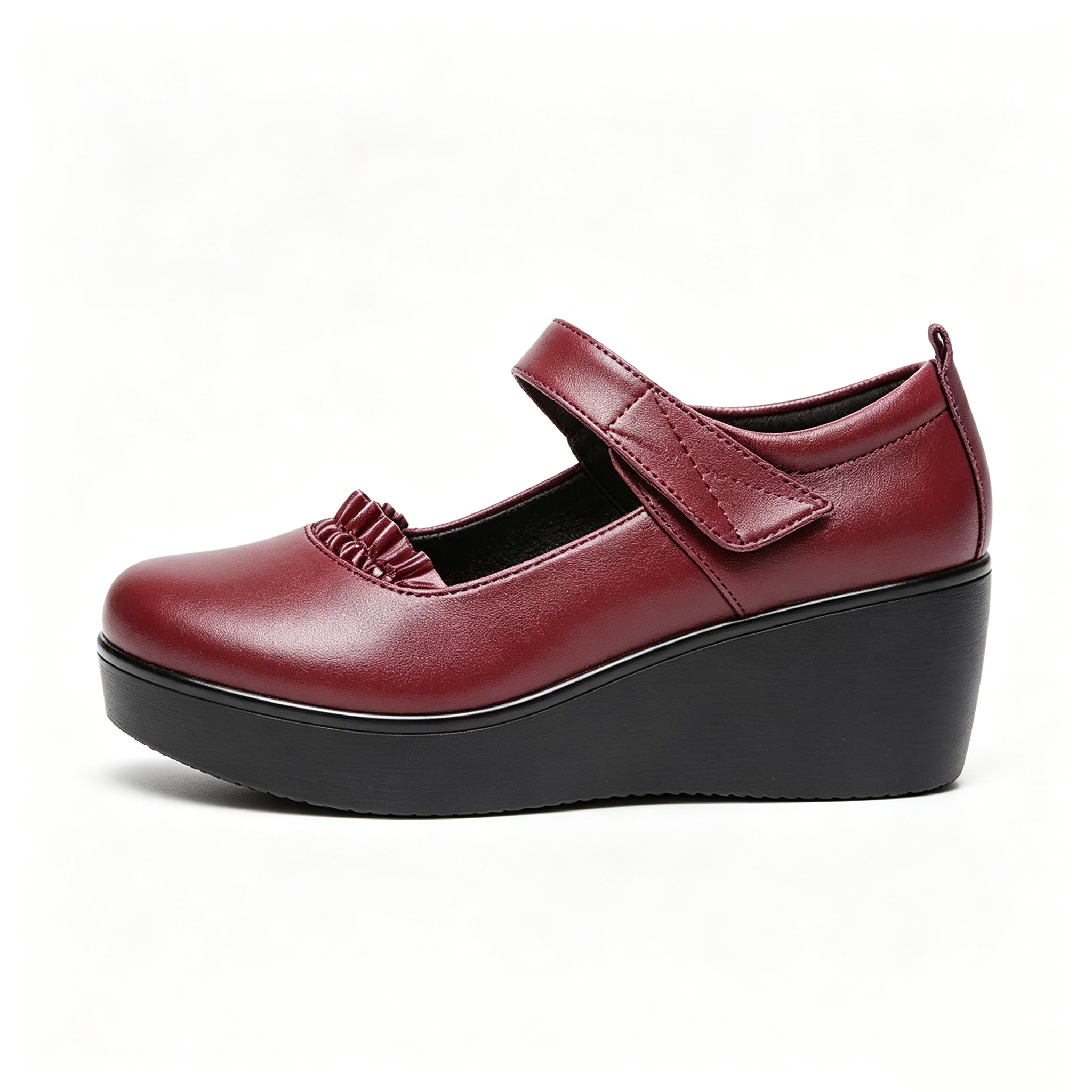 【35-40】Pantofi noi din piele naturală, cu talpă groasă, Velcro, cu vârf rotund