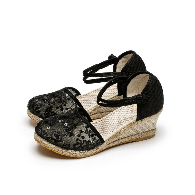 👡【Ofertă limitată】🔥🔥【35-42】Sandale cu pană de vară de damă cu dantelă și plasă, la modă și respirabile